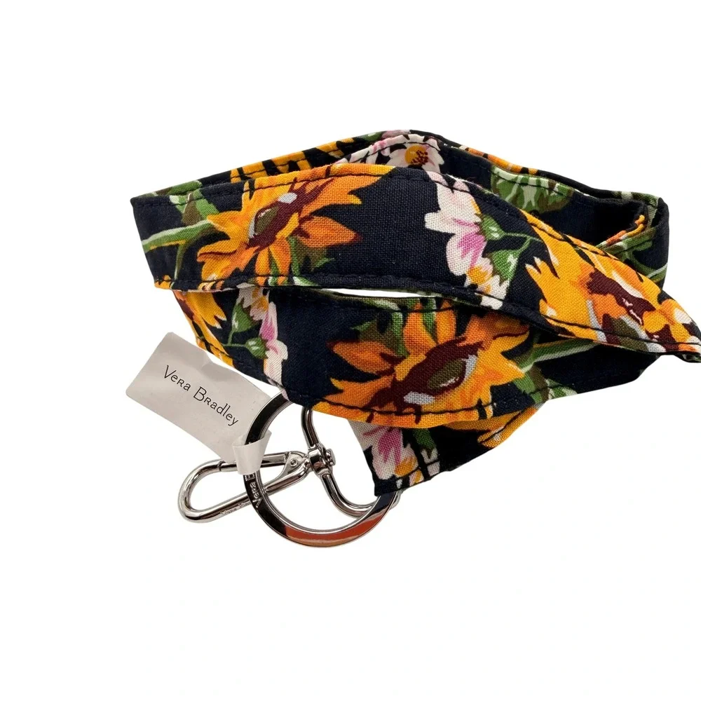 Vera Bradley Wide Lanyard Sunflower Floral Navy ID Holder Keychain